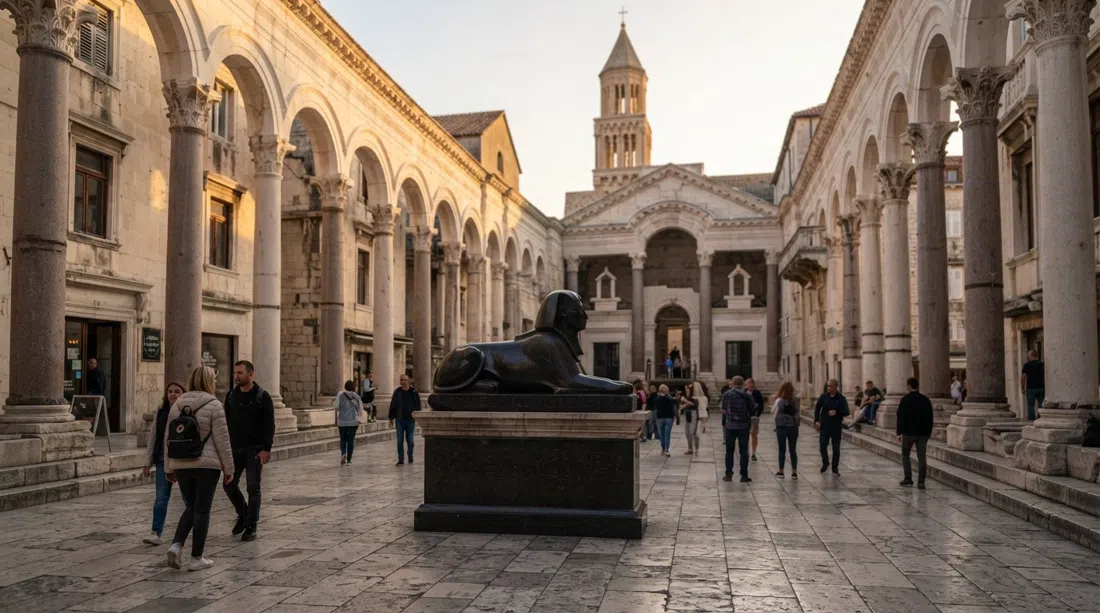 el Peristilo de Split con la luz baja de la mañana, columnas romanas enmarcando el patio ceremonial y la esfinge egipcia de granito negro cerca del centro