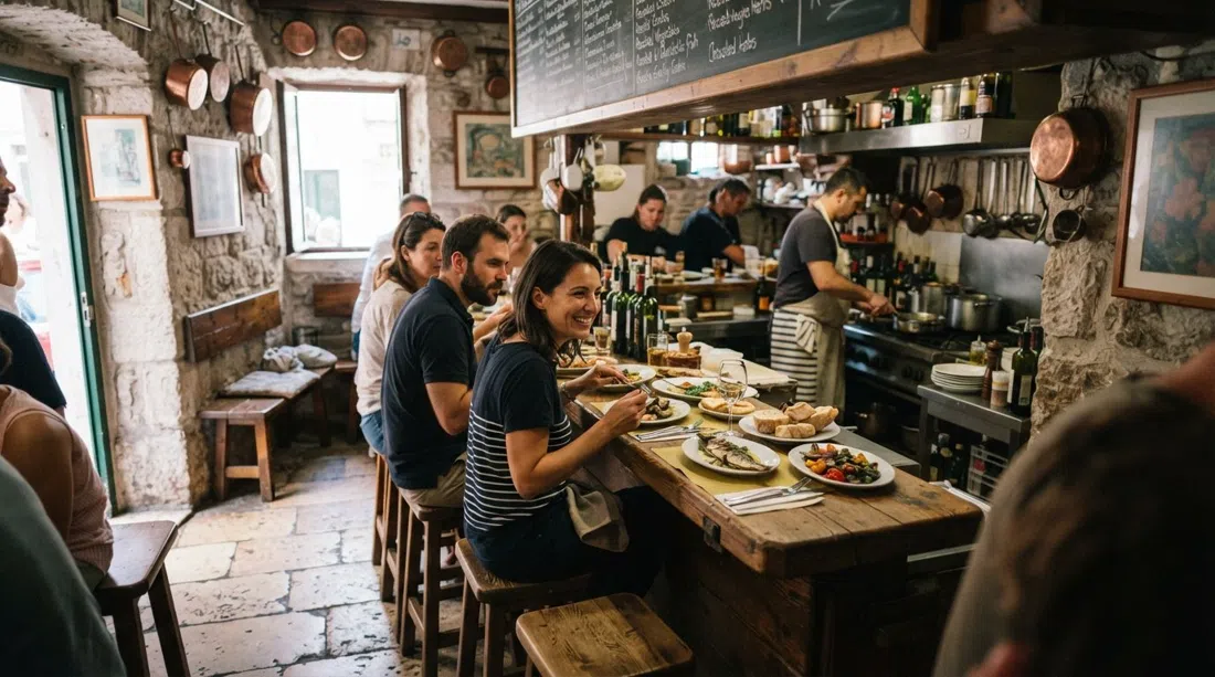 Interior de la pequeña konoba Villa Spiza con mostrador y bancos en Split, menú de pizarra arriba y platos sencillos de pescado del día sobre la mesa