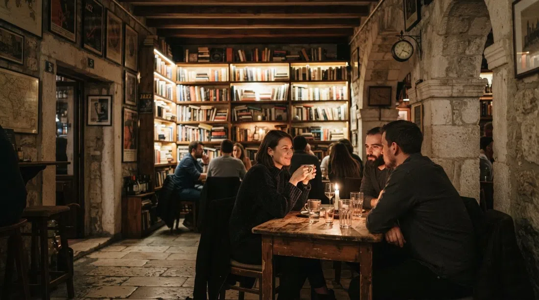 Marvlvs Library Jazz Bar en Papalićeva Street de noche, suelo de piedra iluminado por velas, vigas de madera arriba y estantes de libros brillando con luz cálida