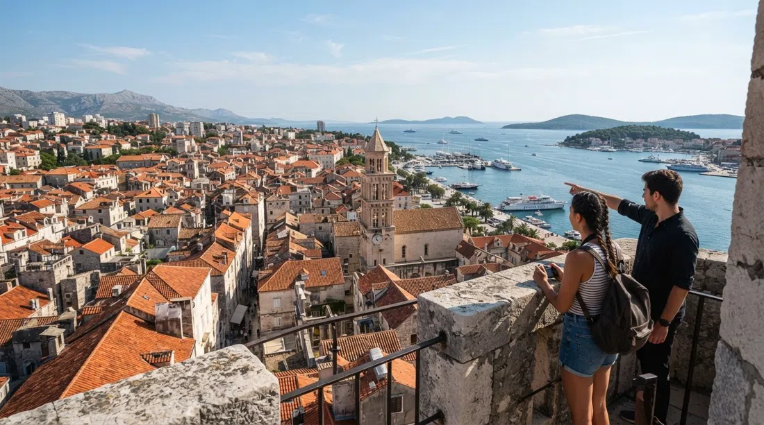 vista desde el campanario de la Catedral de San Domnio sobre los tejados de teja de Split, el puerto y las islas cercanas con luz matutina clara