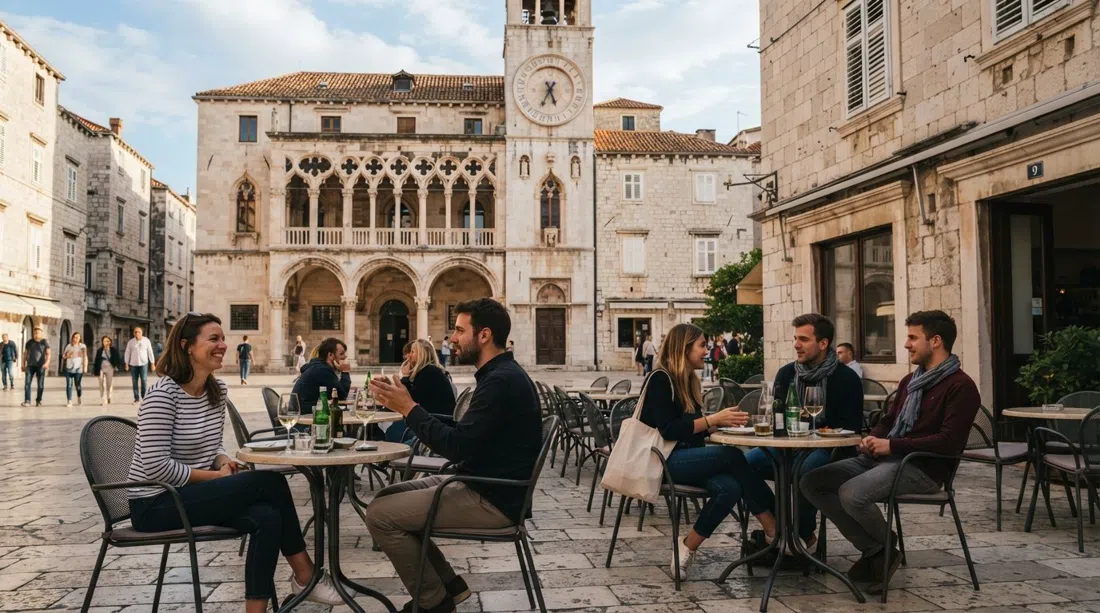 Pjaca en Split en una esquina tranquila de tarde, ayuntamiento gótico y reloj renacentista de 24 horas con mesas de café y gente observando