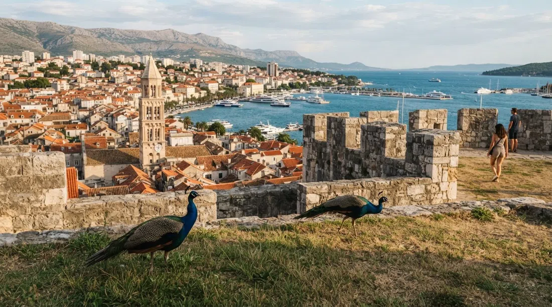 Murallas de la Fortaleza de Gripe sobre los tejados de Split al atardecer, con pavos reales en el césped y el puerto visible tras los muros de piedra