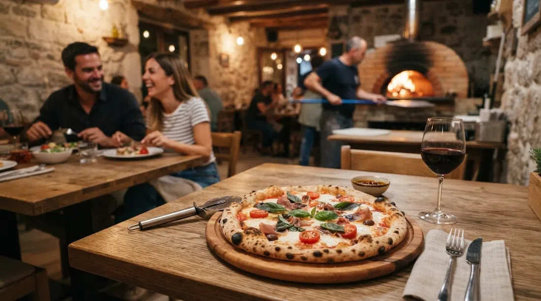 Una pizza fina y burbujeante de Bakra – Steak & Pizza Bar sobre una mesa en el restaurante, con el resplandor del horno de leña al fondo