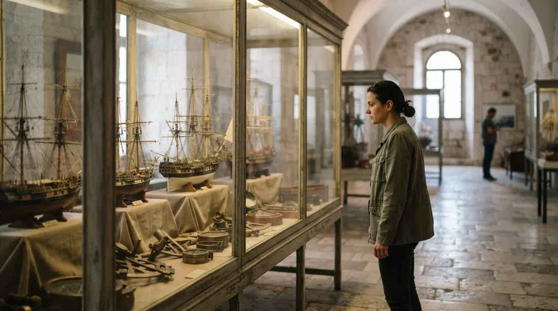Maquetas de barcos e instrumentos navales en el interior del Museo Marítimo Croata en la Fortaleza de Gripe, con vitrinas suavemente iluminadas en una galería silenciosa