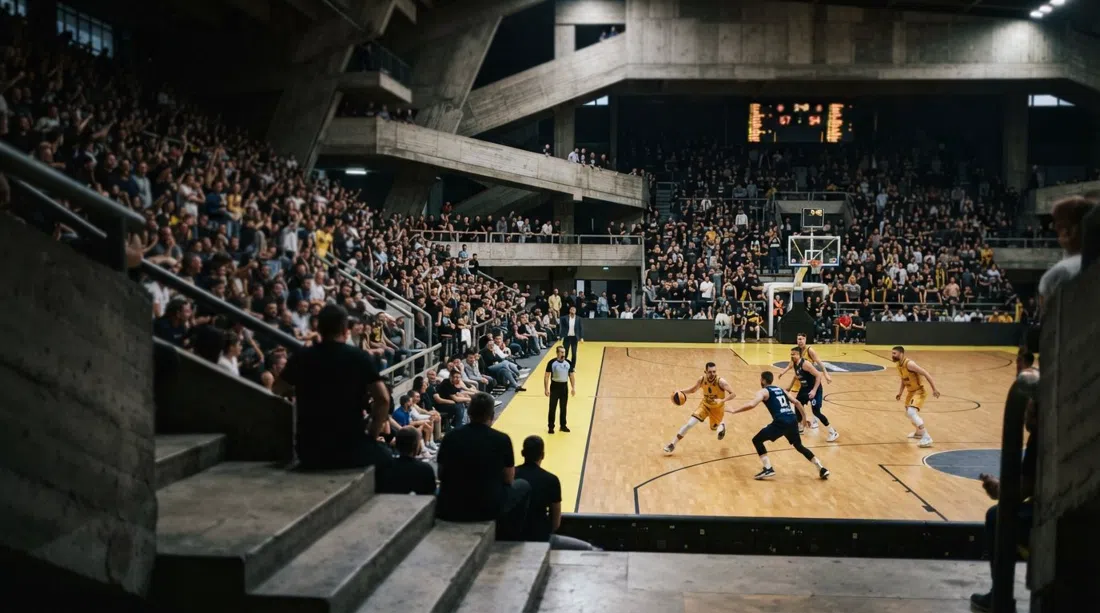 El interior cavernoso del Centro Deportivo de Gripe durante un partido de baloncesto del KK Split, con la cancha iluminada bajo las gradas de hormigón