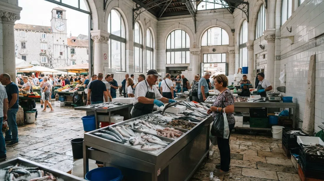El mercado de pescado Peškarija en su pabellón de piedra blanca de estilo Secesión, con mostradores de pescado bajo una luz matutina brillante y el mercado abierto cerca
