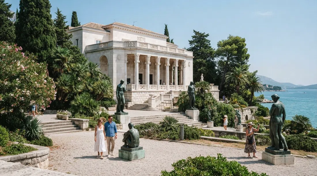 la Galería Meštrović, villa blanca con columnas de mármol y jardines llenos de esculturas bajo la luz costera brillante