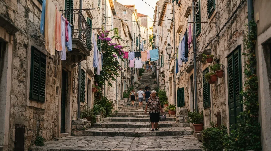 la estrecha calle escalonada de Radunica en Split, casas de piedra frente a frente con ropa tendida y sombra de tarde