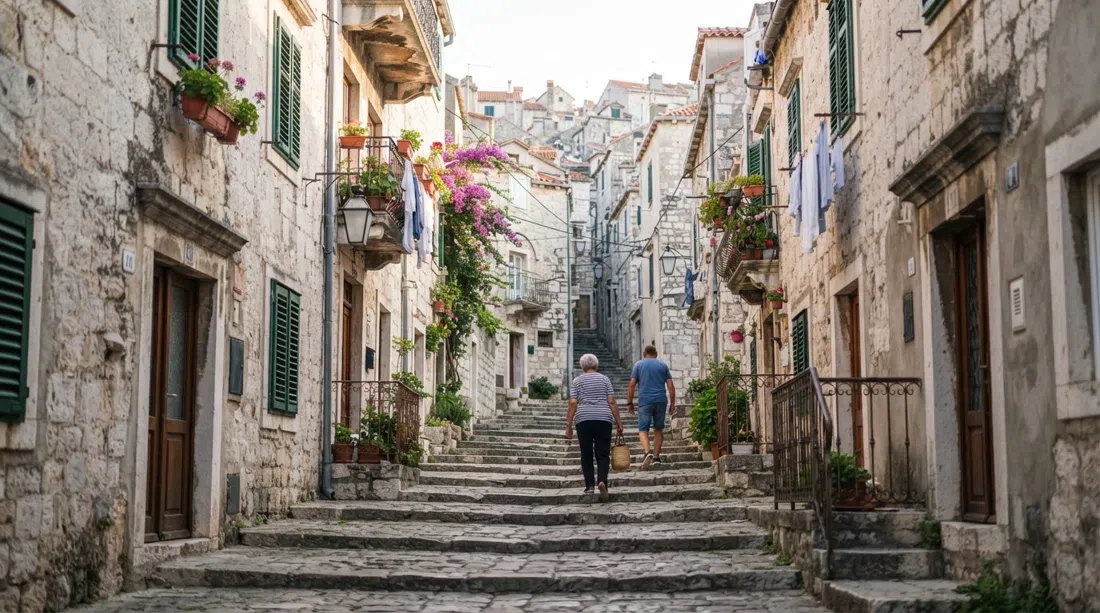 vista escalonada de Radunica en Split hacia las callejuelas superiores, muros de piedra pálida y calles laterales con apellidos familiares bajo la luz suave de la mañana