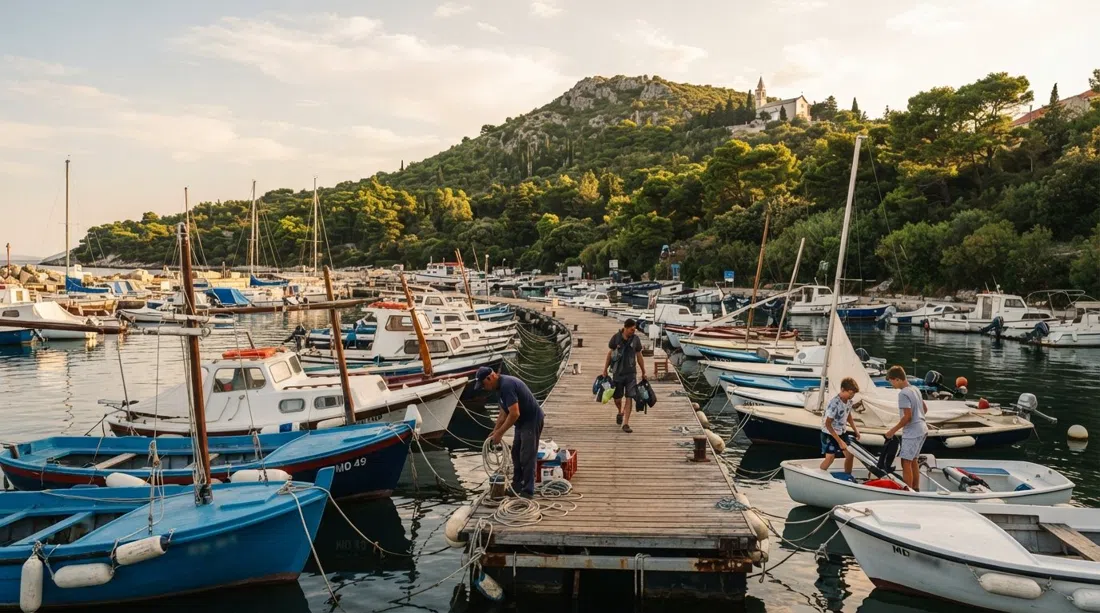 la pequeña marina de Spinut al atardecer, barcos de pesca y botes de entrenamiento a vela amarrados en una curva con la colina de Marjan verde detrás