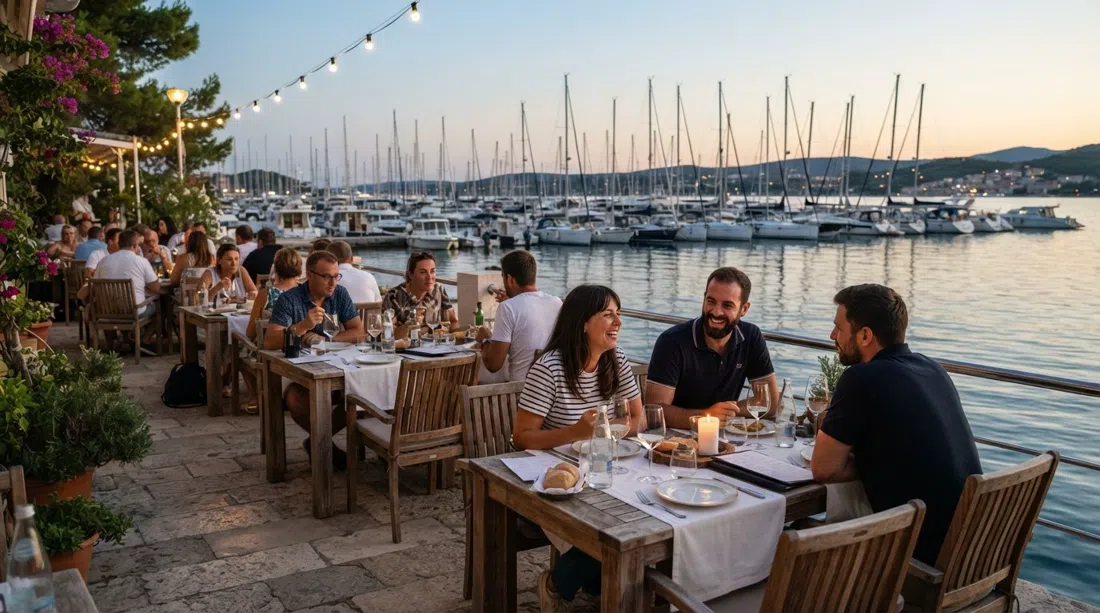 Terraza del Restaurant Lucica en la marina de Spinut, mesas junto al agua con la bahía de Kaštela y barcos amarrados en la suave luz del atardecer