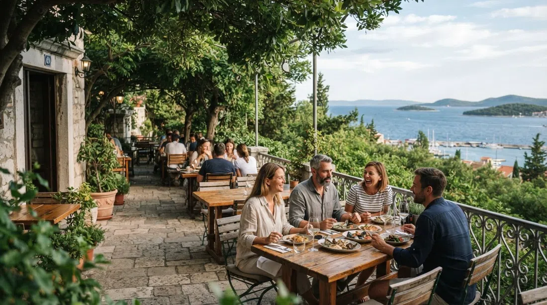 Restoran Gusar en Spinutska 69, mesas en terraza frondosa en la ladera norte de Marjan con amplia vista al mar más allá de los árboles