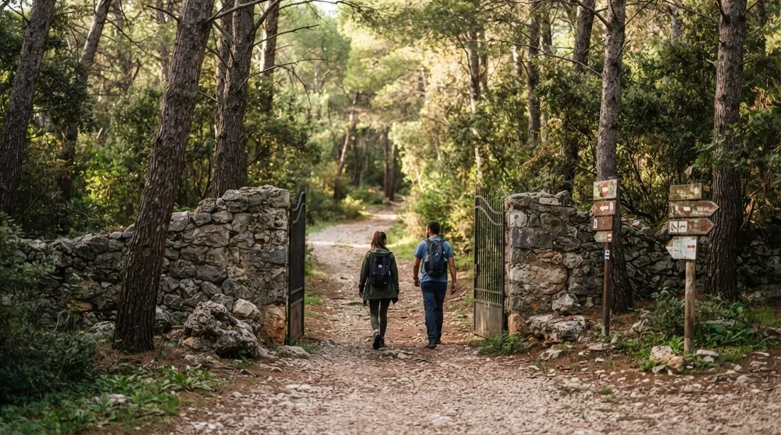 la Puerta de Spinut en Setaliste Marina Tartaglie, un sendero de entrada sombreado hacia el bosque de Marjan con troncos de pino y señales de senderos bajo la luz matutina