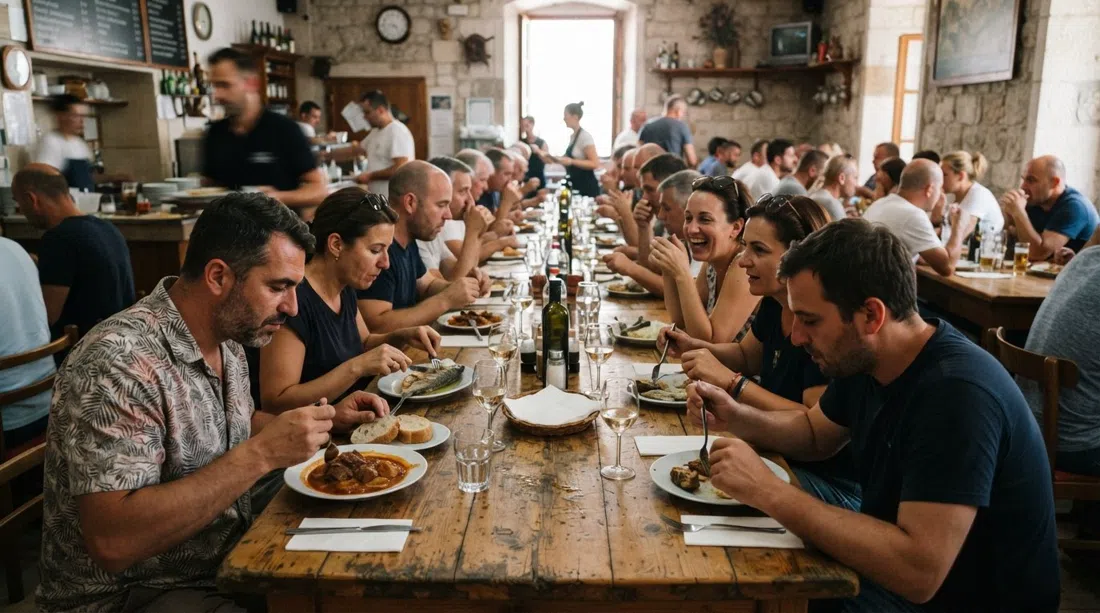 las largas mesas compartidas dentro de Buffet Fife junto a Matejuška, comida sencilla de cantina dálmata y un ambiente animado de almuerzo de trabajo