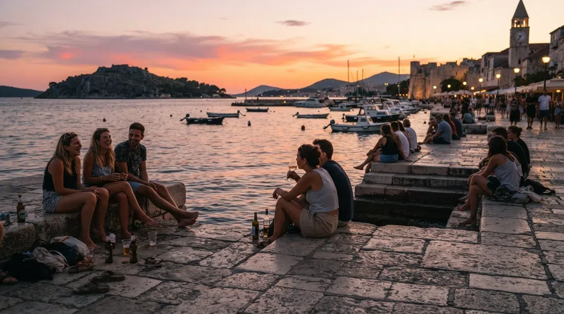 atardecer en Matejuška con gente sentada en el muelle de piedra, botellas y vasos a sus pies y la isla de Čiovo silueteada al otro lado del agua