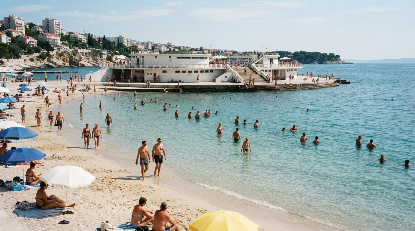 Bačvice strand i Split en klar morgen, lavt turkis vand over blegt sand med svømmere vadende langt fra land og strandpavillonen bag dem