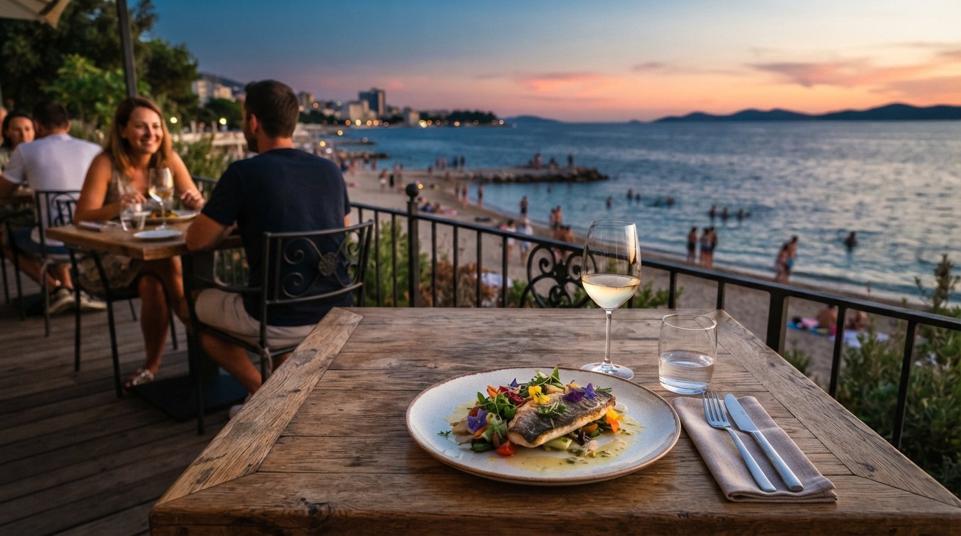 Et terrassebord på Zora Bila over Bačvice strand ved solnedgang, Adriaterhavet fylder baggrunden bag en anrettet sæsonbestemt smagsmenu-ret