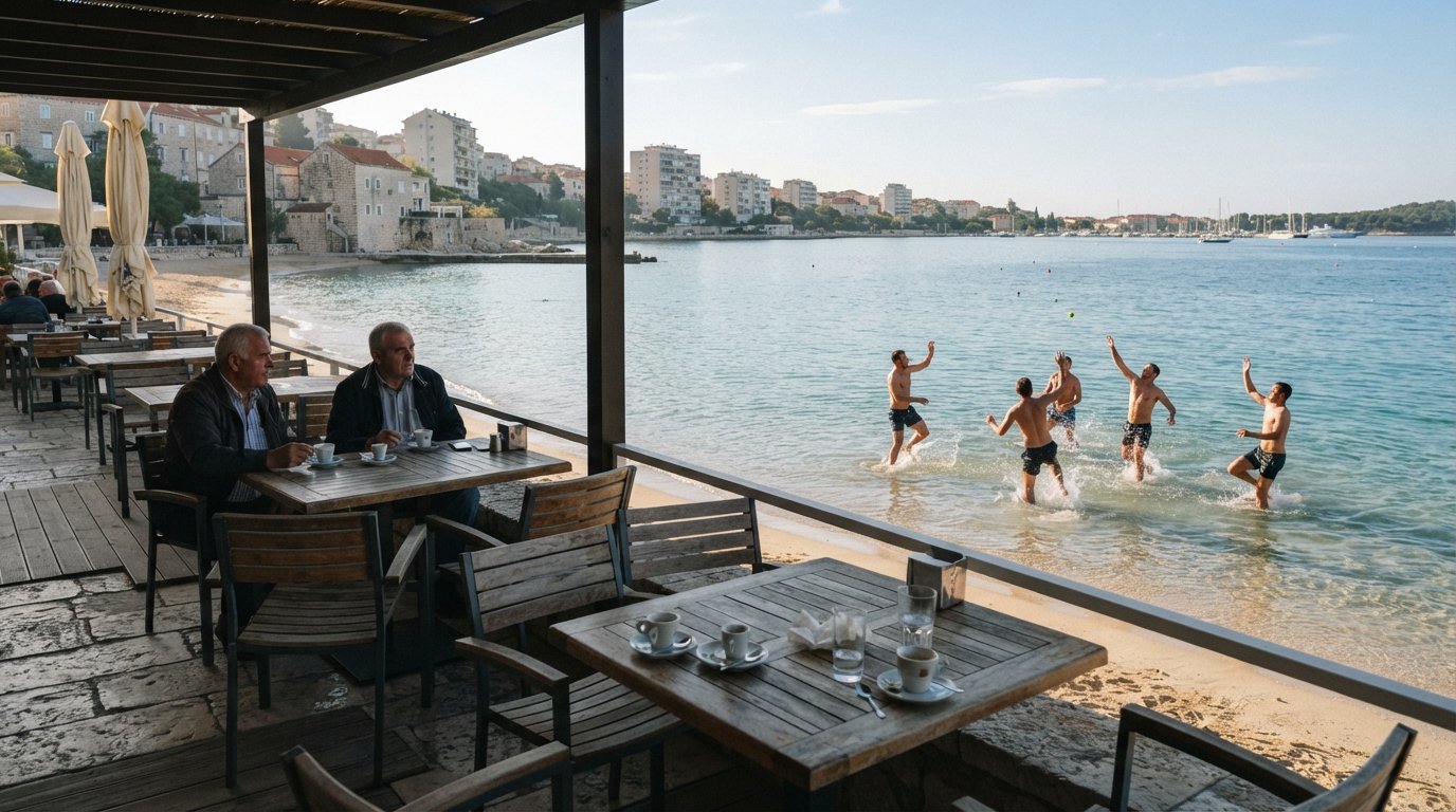 Zbirac terrassebar på Bačvice sand tidligt om morgenen, kaffekopper på borde og picigin-spillere i det lave vand lige udenfor