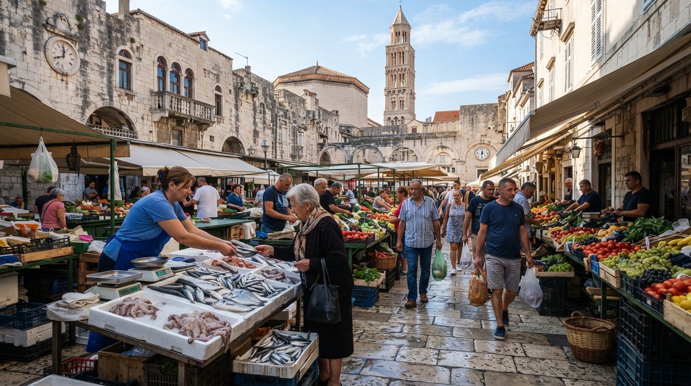 Pazar- og Ribarnica-markedet nær Diocletians Palads tidligt om morgenen, fiskeboder og råvarer under skarp sol, med handlende der bevæger sig igennem
