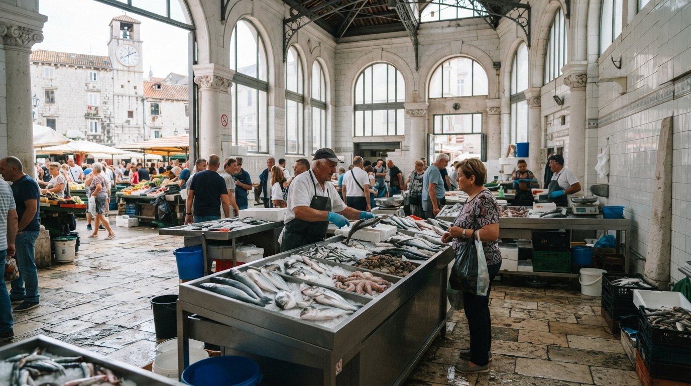 the Peškarija fish market in its white-stone Secession hall, with fish counters under bright morning light and the open market nearby