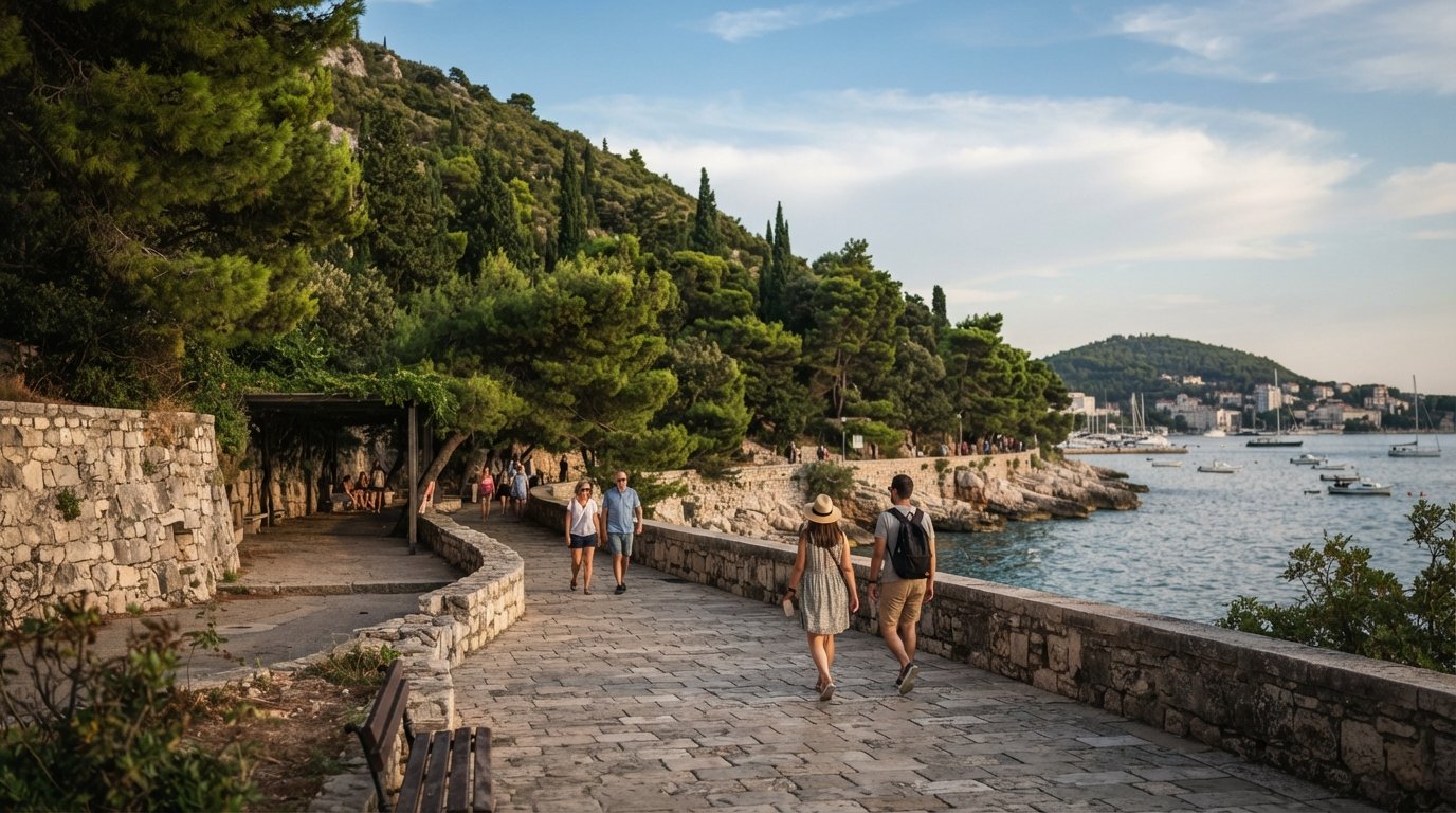 Šetalište Ivana Meštrovića under Marjan hill in late afternoon light, stone walls and pine shade lining the seafront road
