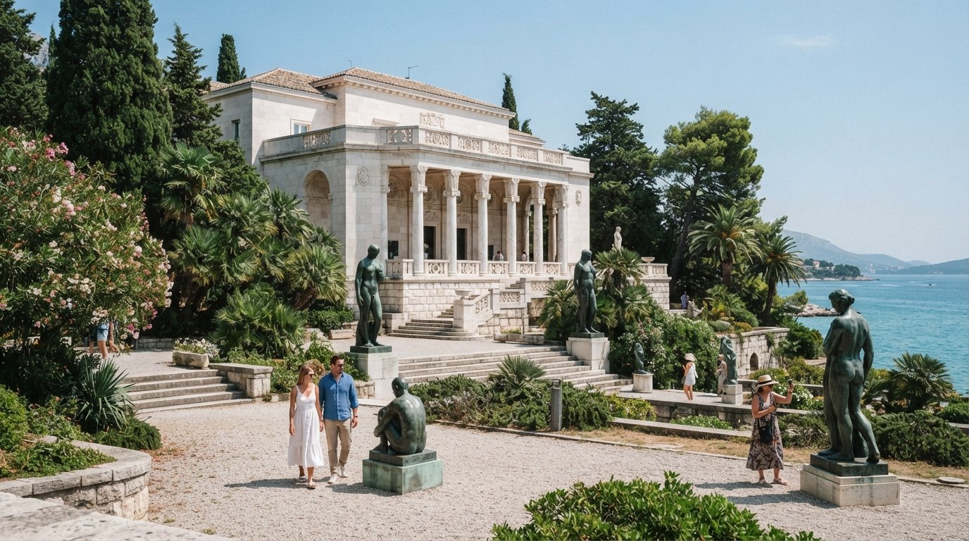 the Meštrović Gallery, white villa with marble columns and sculpture-filled gardens in bright coastal daylight