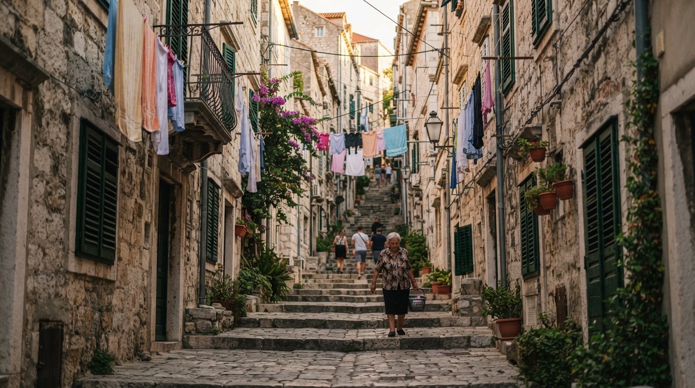 de smalle trapstraat Radunica in Split, stenen huizen dicht tegenover elkaar met wasgoed boven het hoofd en late middagschaduw