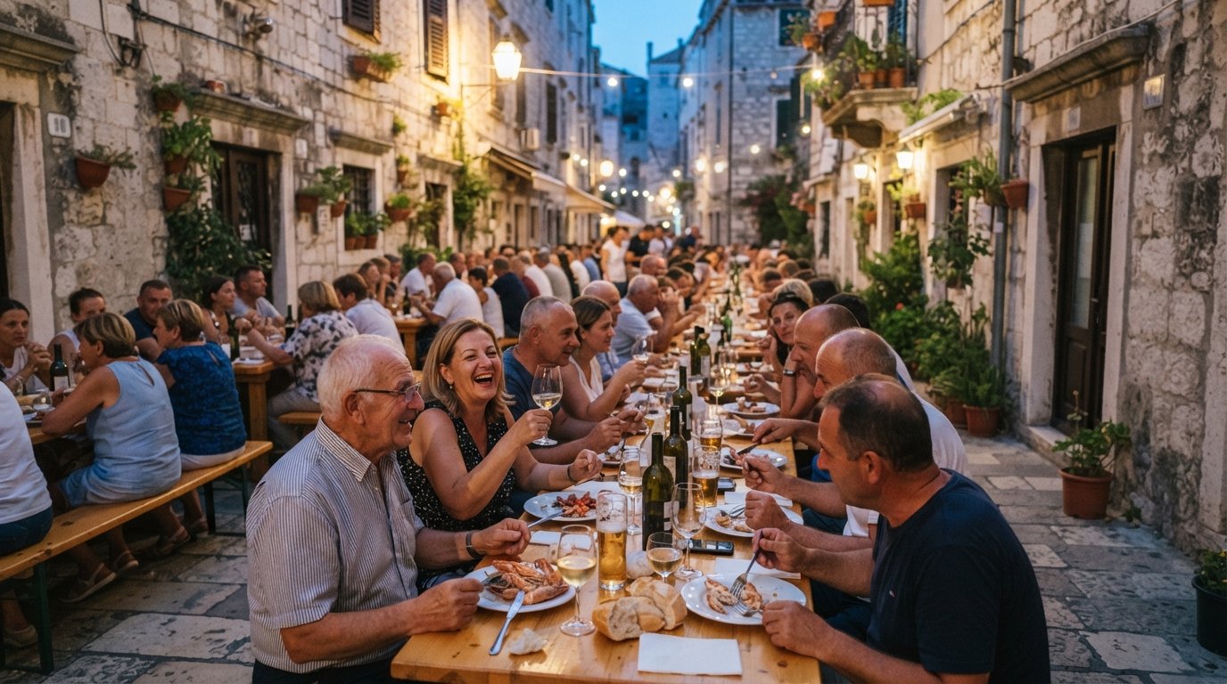 straat Radunica tijdens Dani Radunice in Split, lange gemeenschappelijke tafels staan in warme avondzon met buurtbewoners verzameld voor een straatfeest
