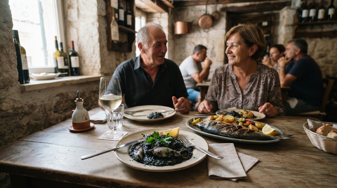 een eenvoudige tafel bij Konoba Radunica in Split met zwarte inktvisrisotto, gegrilde vis en een glas wijn in een klein familiaal konoba-interieur