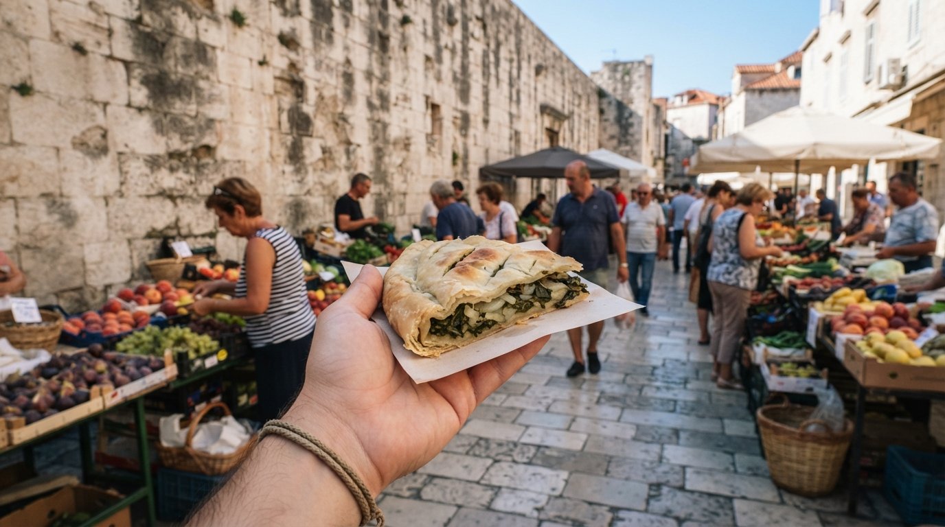 een stuk soparnik aan de rand van de Pazar-markt in Split bij de paleismuur, ochtendlicht en marktproducten op de achtergrond