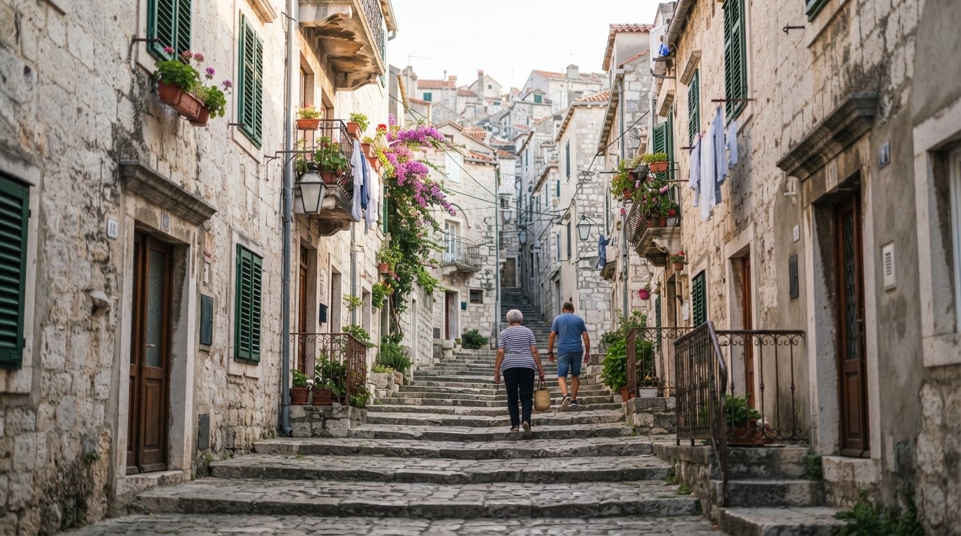 een trapvormig uitzicht omhoog over Radunica in Split, richting de bovenstraatjes, bleke stenen muren en zijstraten met familienamen in zacht ochtendlicht