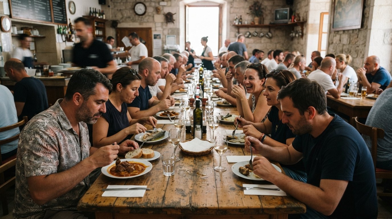 Die langen Gemeinschaftstische im Buffet Fife an der Matejuska, einfache dalmatinische Kantinenkost und eine geschäftige Mittagsatmosphäre