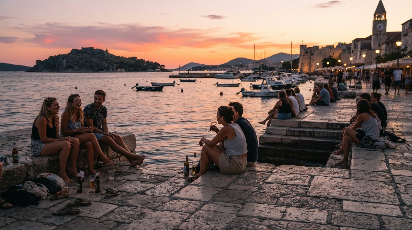 Sonnenuntergang an der Matejuska mit Menschen, die auf der Steinmole sitzen, Flaschen und Gläser zu Füßen, und die Insel Čiovo silhouettenhaft über dem Wasser