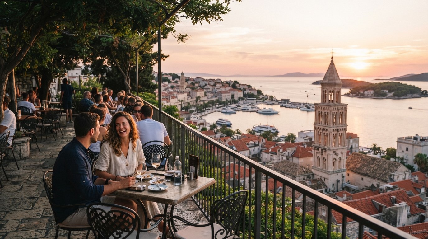 Die Terrasse der Teraca Vidilica über Split zur goldenen Stunde, Café-Tische mit Blick auf die Stadt und die Inseln, während die Sonne tief über dem Horizont sinkt